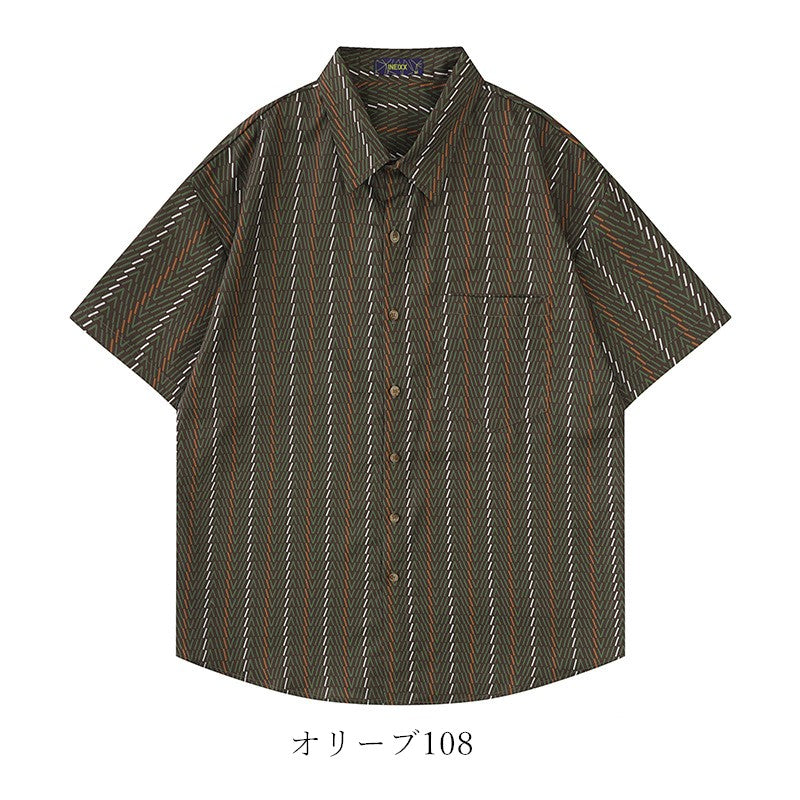 レトロ風ストラップ柄ポケット半袖シャツ