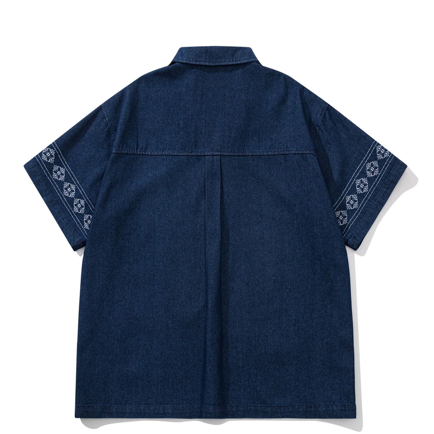 民族調刺繍入りオープンカラーデニムシャツ