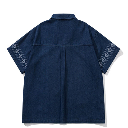 民族調刺繍入りオープンカラーデニムシャツ