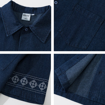 民族調刺繍入りオープンカラーデニムシャツ