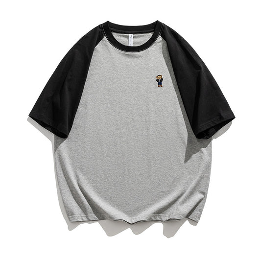 刺繍熊切り替え半袖Tシャツ