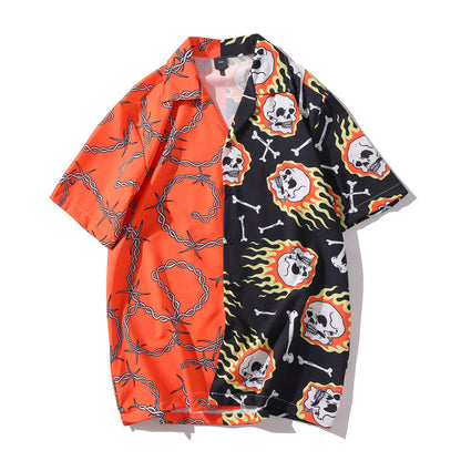 アシンメトリー骸骨プリント総柄シャツ