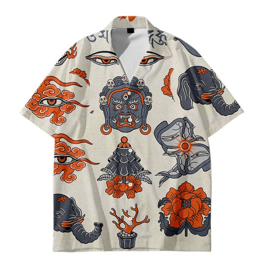 浮世絵風「悪魔の目」プリントオープンカラーシャツ