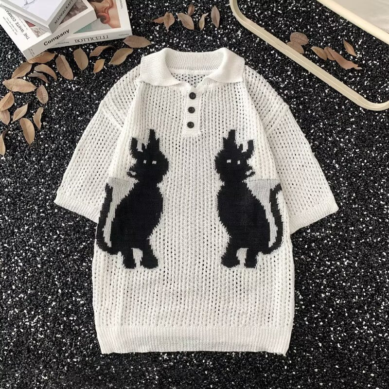 ボタン付きオープンカラー夏ニットＴシャツ