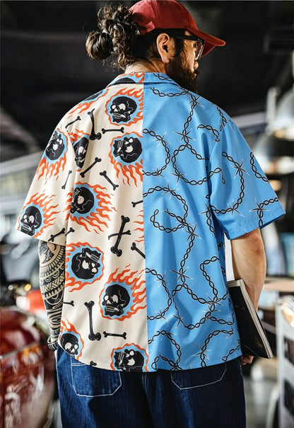 アシンメトリー骸骨プリント総柄シャツ