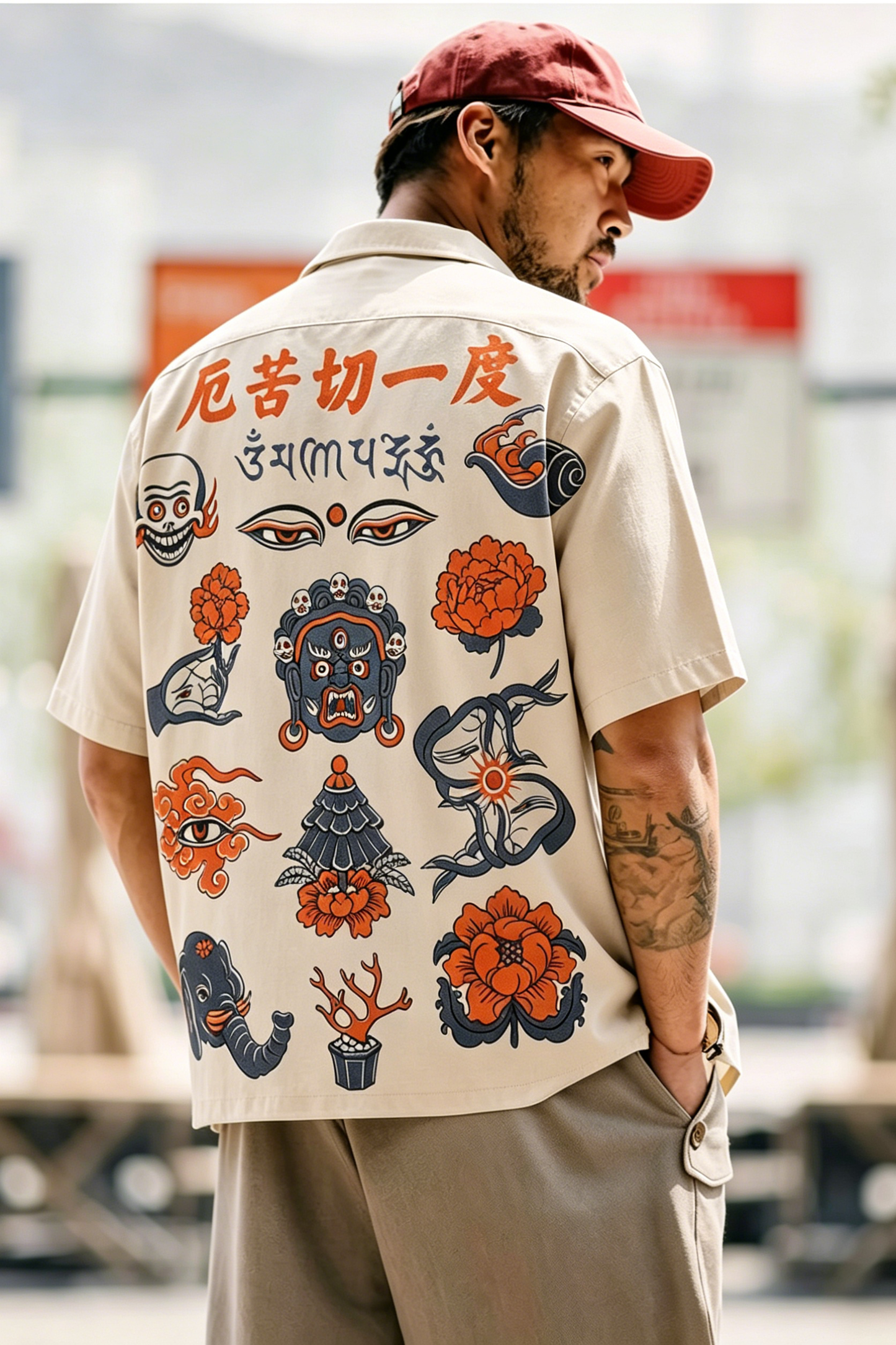 浮世絵風「悪魔の目」プリントオープンカラーシャツ