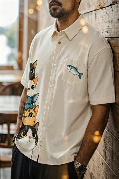 前後アシンメトリー猫プリント半袖シャツ