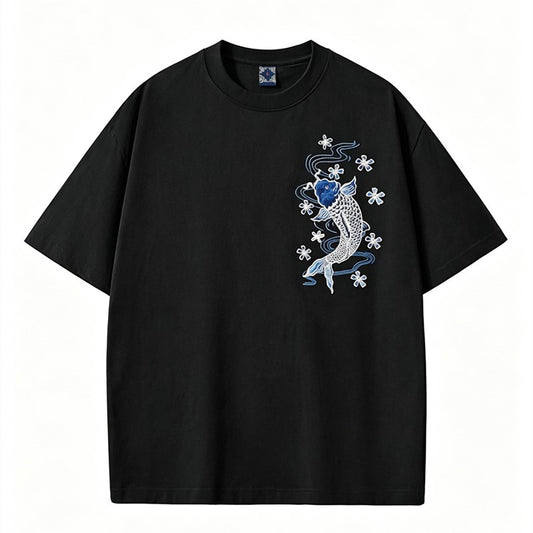 260g鯉刺繍入り浮世絵風コットンＴシャツ