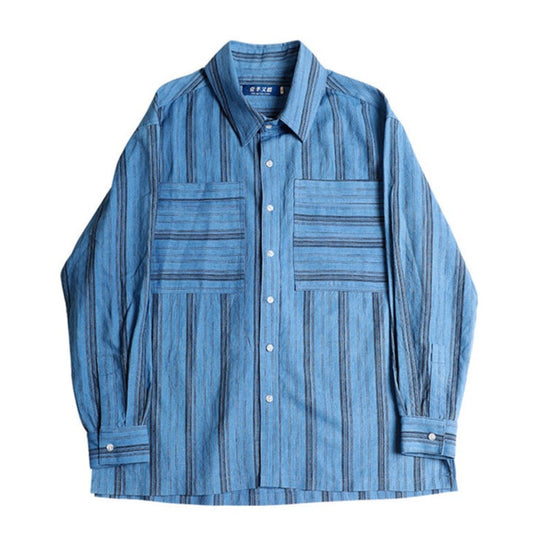 [Artisan Handmade] Plant Indigo Yarn Dyed Striped Cotton Linen Shirt