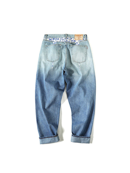 グラデーション赤耳デニムパンツ　バックプリント