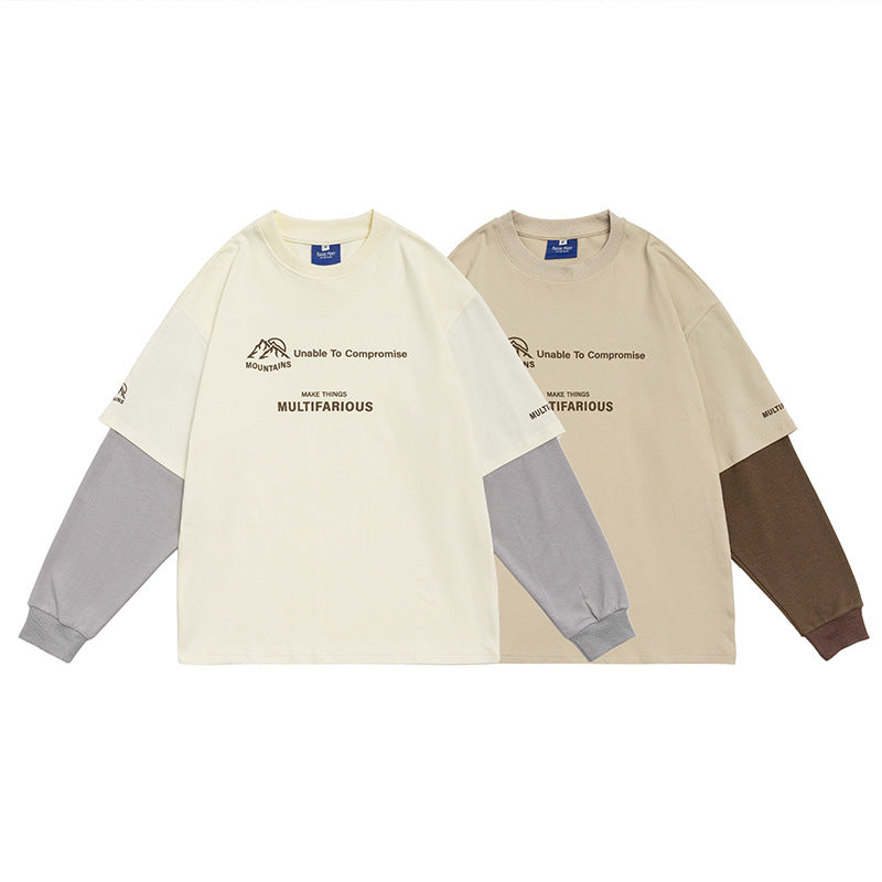 切り替えフェイク ツーピース プリント T シャツ