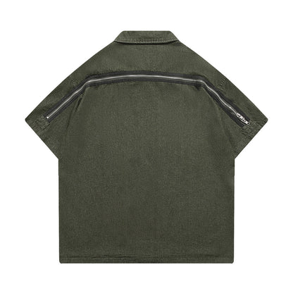 ウォッシュ加工バックジッパーデニム半袖シャツ